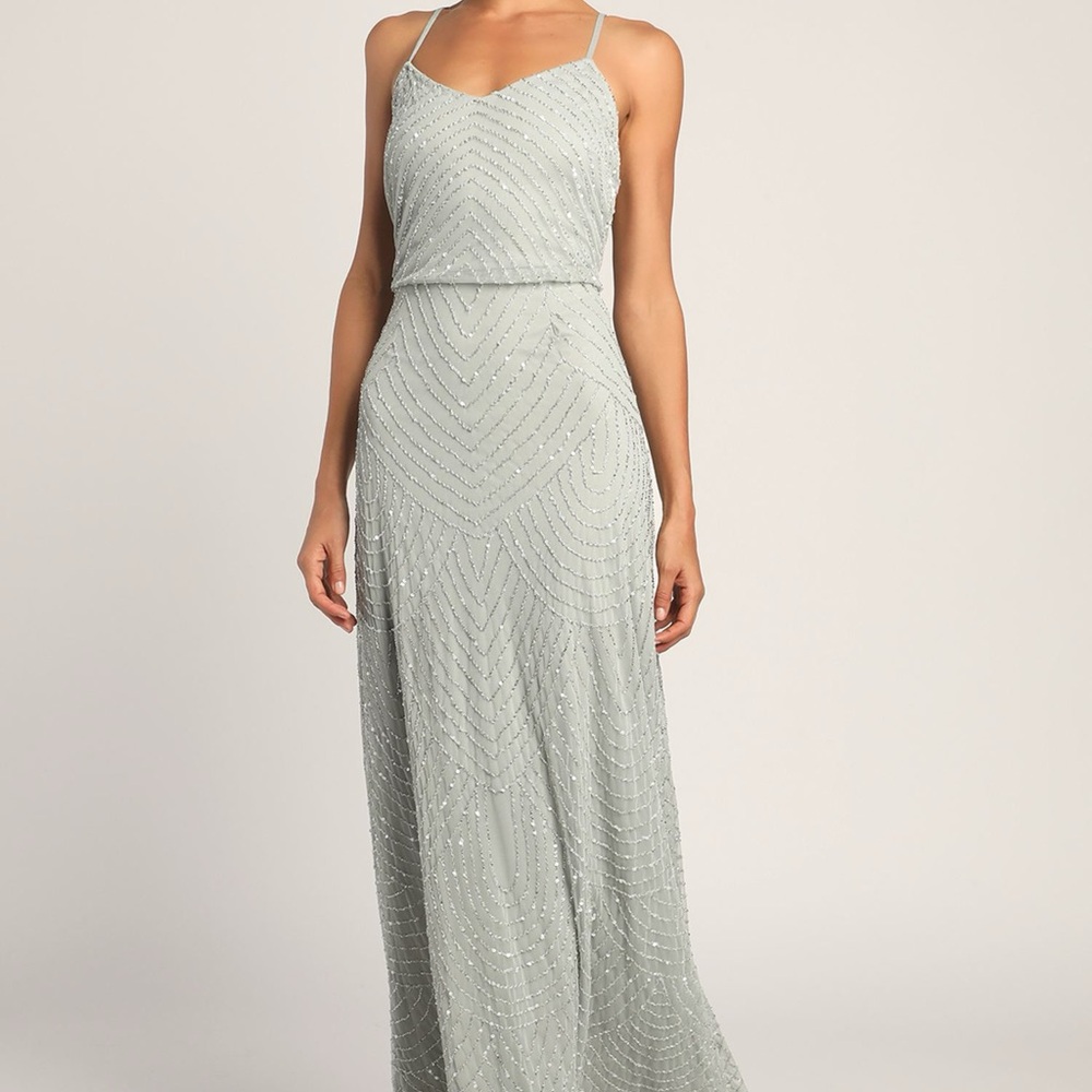 Lulu's More Than Words Sage Green Beaded Sequin Maxi Dress 2 NWT